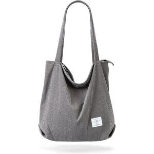 👑Women's Gray Corduroy Lightweight Zipper Pocket Foldable Classic Tote Bag